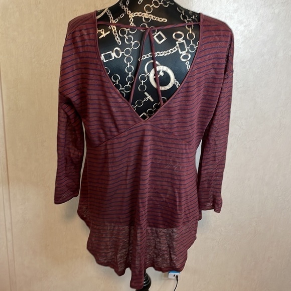 Lucky Brand Striped Long Sleeve Top V Neck Criss‎ Cross Back Blouse Small - Picture 3 of 7